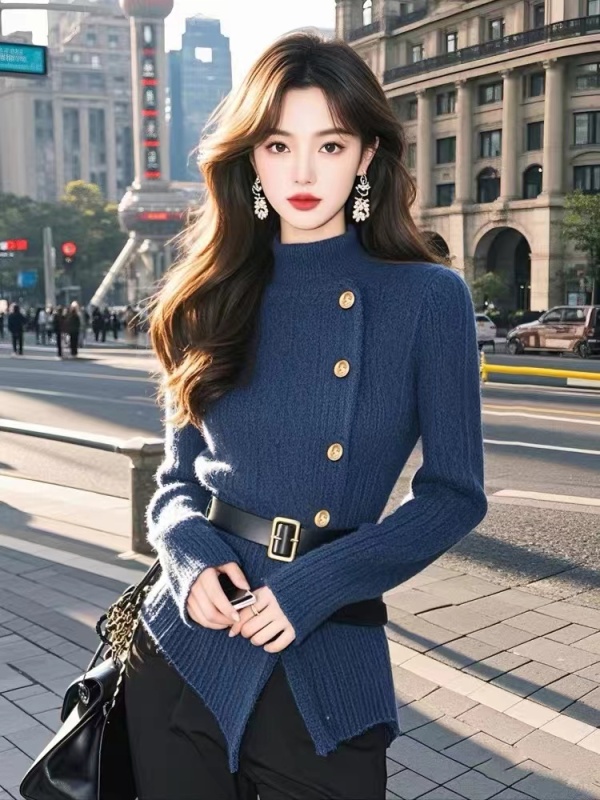 Winter unique and super nice blue turtleneck knitted top for women Korean chic chic waist sweater