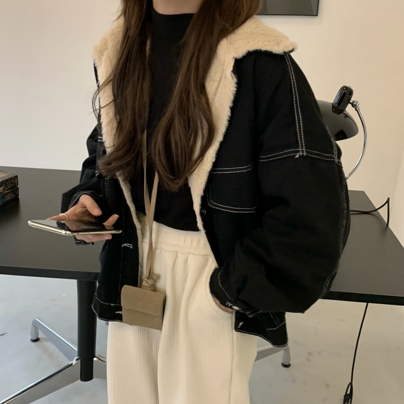 Real shot of lapel denim jacket autumn and winter loose Korean style casual workwear cotton clothing for women ins Hong Kong style plus velvet thickening