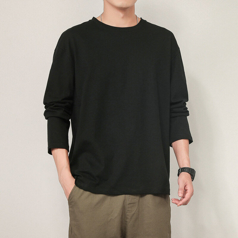 Versatile simple round neck large size long-sleeved T-shirt for men spring solid color bottoming shirt