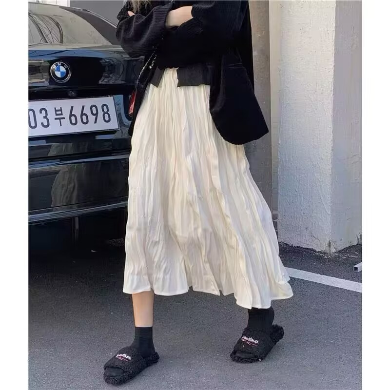 Apricot pleated skirt women's spring new niche high-waist drape a-line long skirt petite skirt