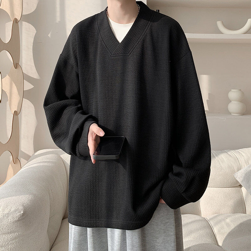 V-neck drapey sweatshirt for men pinstripe loose trendy casual top