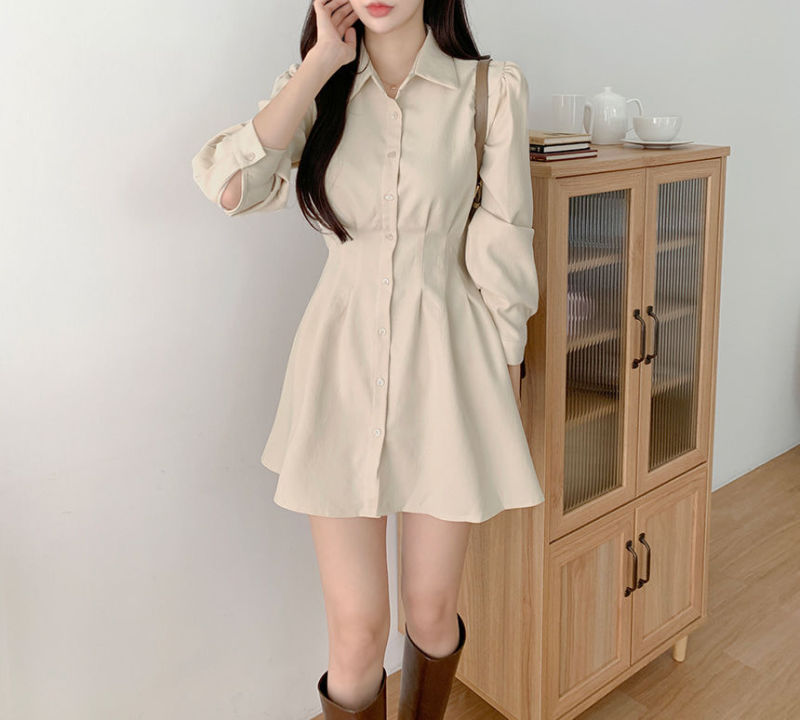 Korean style chic temperament waist slimming shirt dress for women spring and autumn new style short skirt shirt skirt