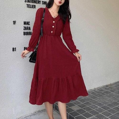 Lined French skirt long-sleeved autumn and winter dress for women with waist A-line slimming mid-length fairy skirt