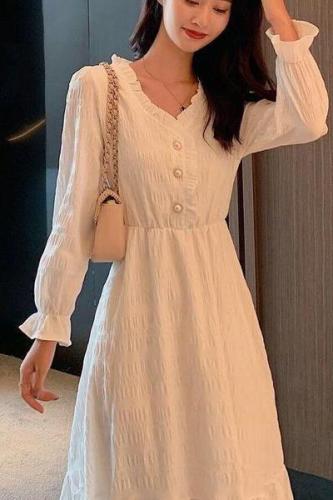 Lined French skirt long-sleeved autumn and winter dress for women with waist A-line slimming mid-length fairy skirt