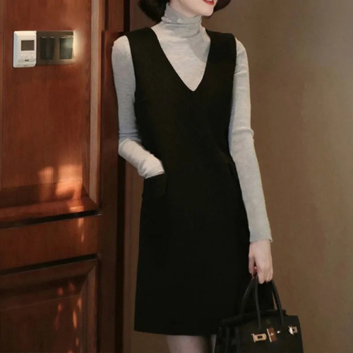 Fashionable little fragrant woolen tank top dress for women spring waist slimming bottoming little black dress ladylike temperament dress