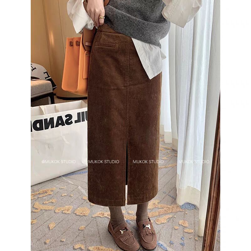 MUKOK sweet lady~ corduroy mid-length skirt, feminine and slimming slit hip-hugging skirt