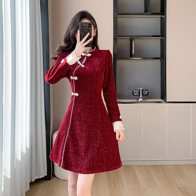New Chinese style improved cheongsam red dress women's autumn and winter small waist slimming hip skirt