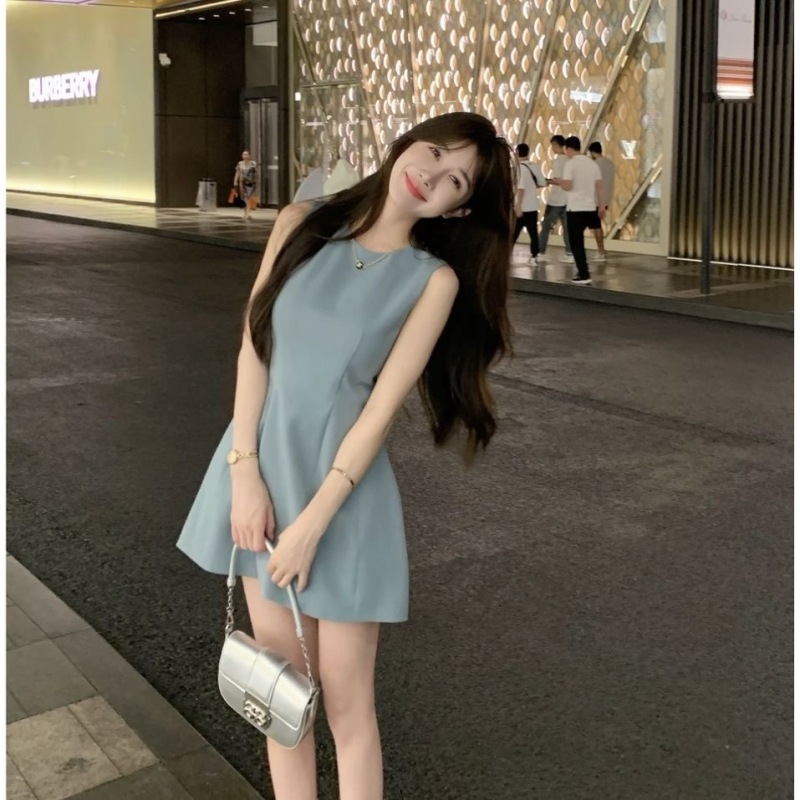 Round neck waistline sleeveless vest dress for women summer simple temperament high-end slim skirt