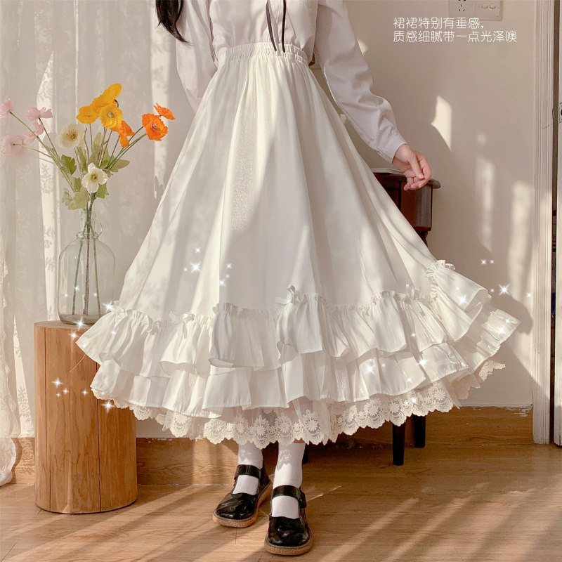 Double layer retro French ruffled A-line skirt Hepburn style black skirt women's long skirt