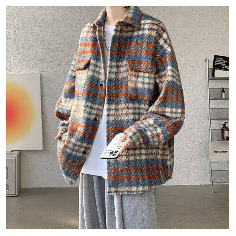 Woolen plaid jacket for men fat men new American trendy brand extra large size loose lapel jacket top