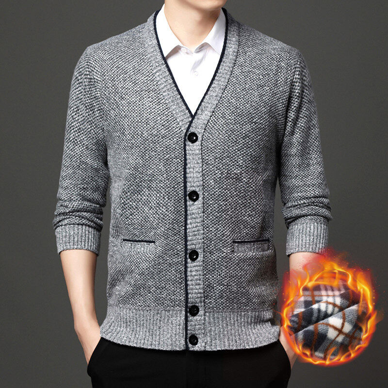 Autumn and winter men's knitted cardigan young and middle-aged velvet thickened long-sleeved sweater casual jacket