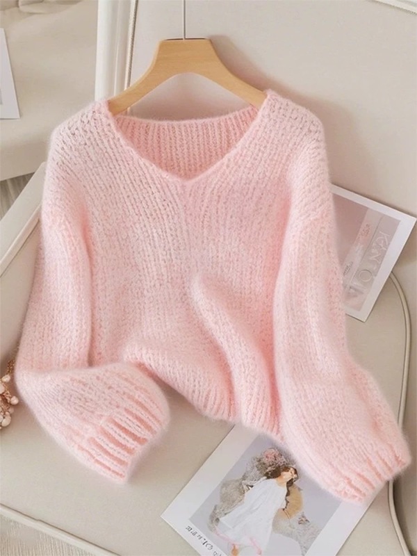 Pink V-neck loose sweater soft waxy sweater dopamine non-colliding top early autumn new women's clothing