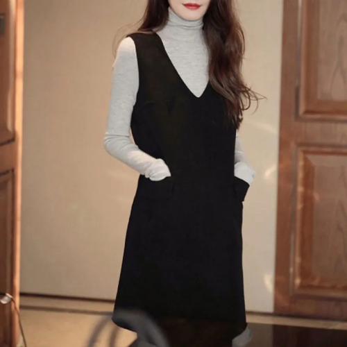 Fashionable little fragrant woolen tank top dress for women spring waist slimming bottoming little black dress ladylike temperament dress