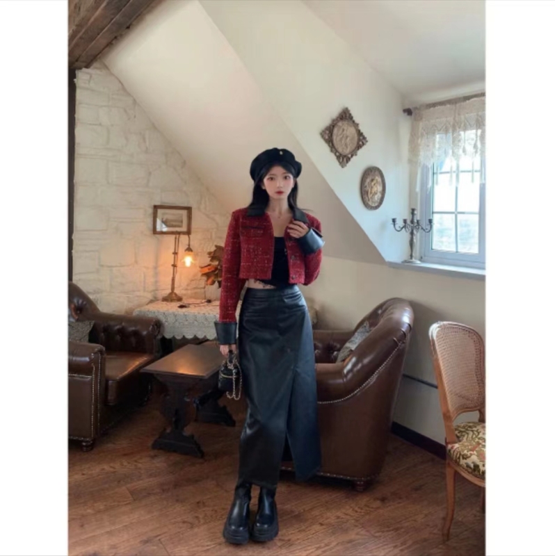 Shuichi Asakawa "Banquet Hostess" Red Small Fragrance Style Short Jacket + Leather Skirt Suit