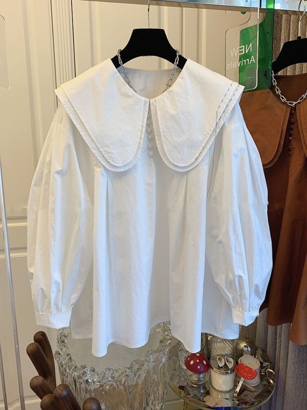 Retro double-layer doll collar lantern sleeve cotton pullover baby doll long-sleeved shirt top for women loose