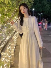 French tea break lace dress women's autumn new style fungus edge stand-up collar long skirt sweet age-reducing skirt