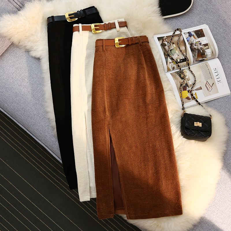 Free belt, Hong Kong style retro corduroy slit skirt for women, autumn and winter, mid-length, high-waisted, slimming A-line hip skirt