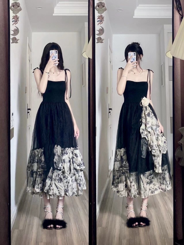 Hepburn style French artistic skirt, light luxury, sweet and salty temperament, sleeveless suspender dress for women in summer