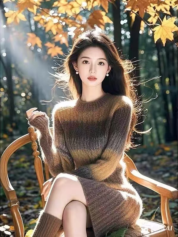 Super nice brown sweater dress for women in autumn and winter, new French style waist-slimming figure-flattering inner long skirt