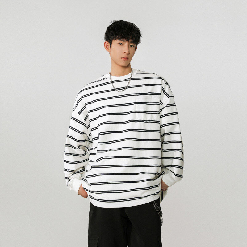 Striped long-sleeved t-shirt trendy brand handsome street men spring and autumn bottoming shirt ins trendy high street sweatshirt