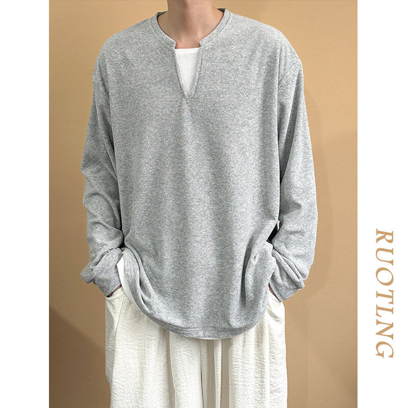 Loose casual fake two-piece long-sleeved T-shirt with fashionable design V-neck top