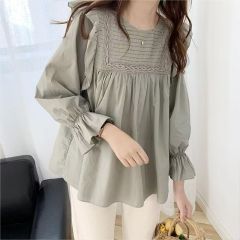 Spring and summer new Korean style ruffled babydoll shirt plus size top for women solid color versatile round neck pleated shirt for women