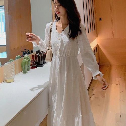 Lined French skirt long-sleeved autumn and winter dress for women with waist A-line slimming mid-length fairy skirt