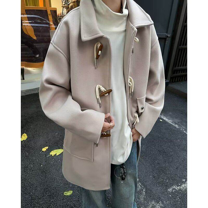 Winter mid-length woolen coat for men, horn button loose windbreaker, trendy windbreaker for men
