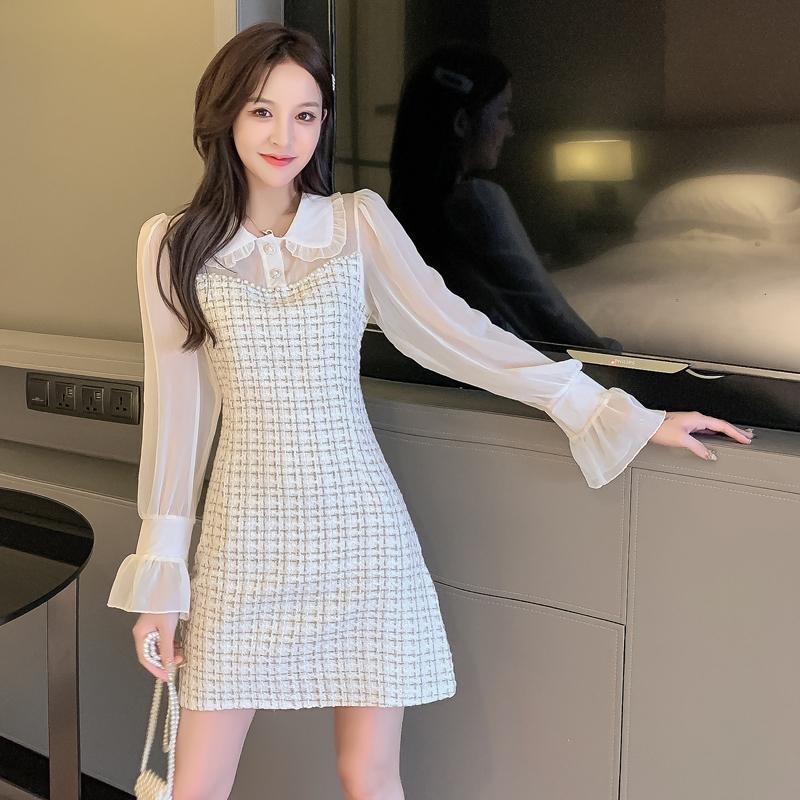 Early autumn and winter new French style small style fashionable chiffon splicing long-sleeved dress for women