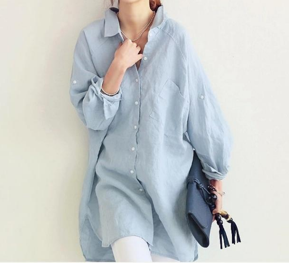 Spring shirt loose plus size women's long cotton and linen texture dress shirt style