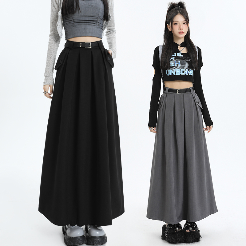 Gray suit pleated skirt for women autumn new high-waist temperament covering span slimming A-line long skirt