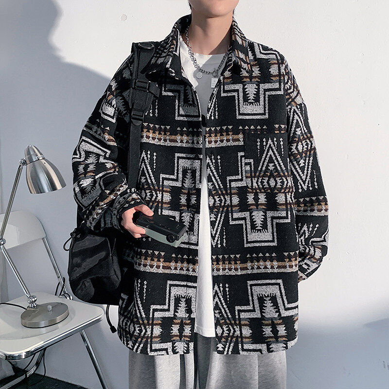 Woolen coat men's large size light and shadow white wall loose casual jacket