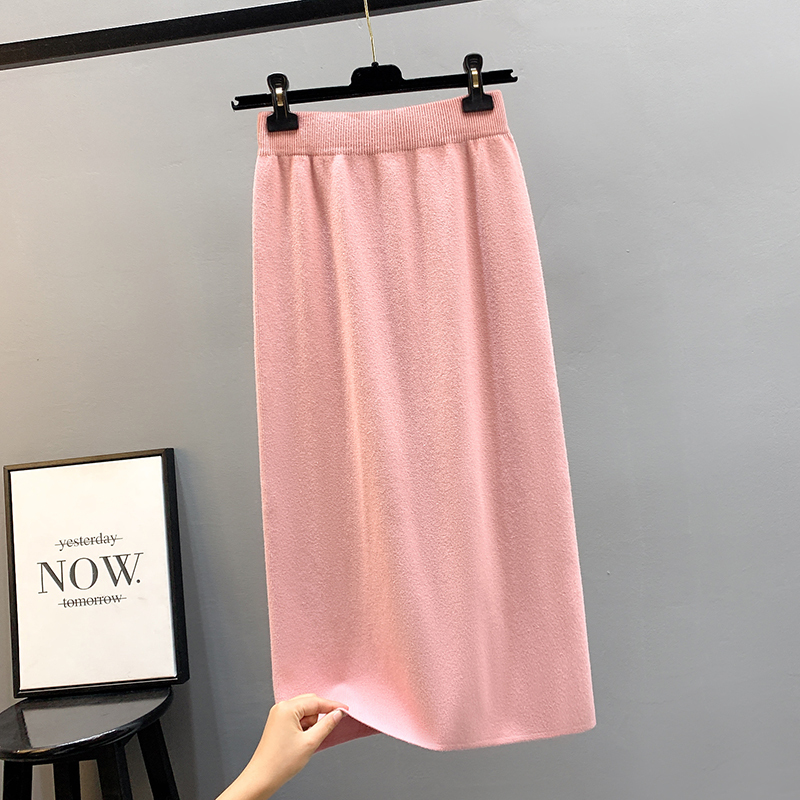 Autumn and winter thickened knitted straight-leg hip-hugging slimming long skirt with high waist and slimming slit in one step