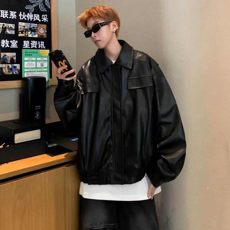 American retro motorcycle leather jacket for men in autumn new design