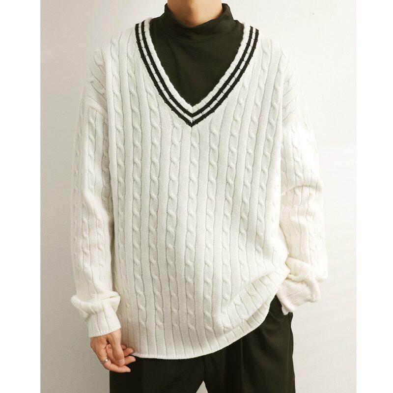 Korean style minimalist style V-neck color-blocked sweater, trendy men's lazy V-neck knitted sweater for autumn and winter