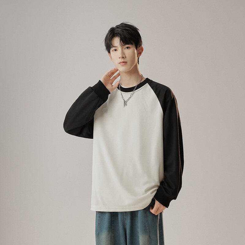 Color block loose sweatshirt, round neck pullover patchwork top for men