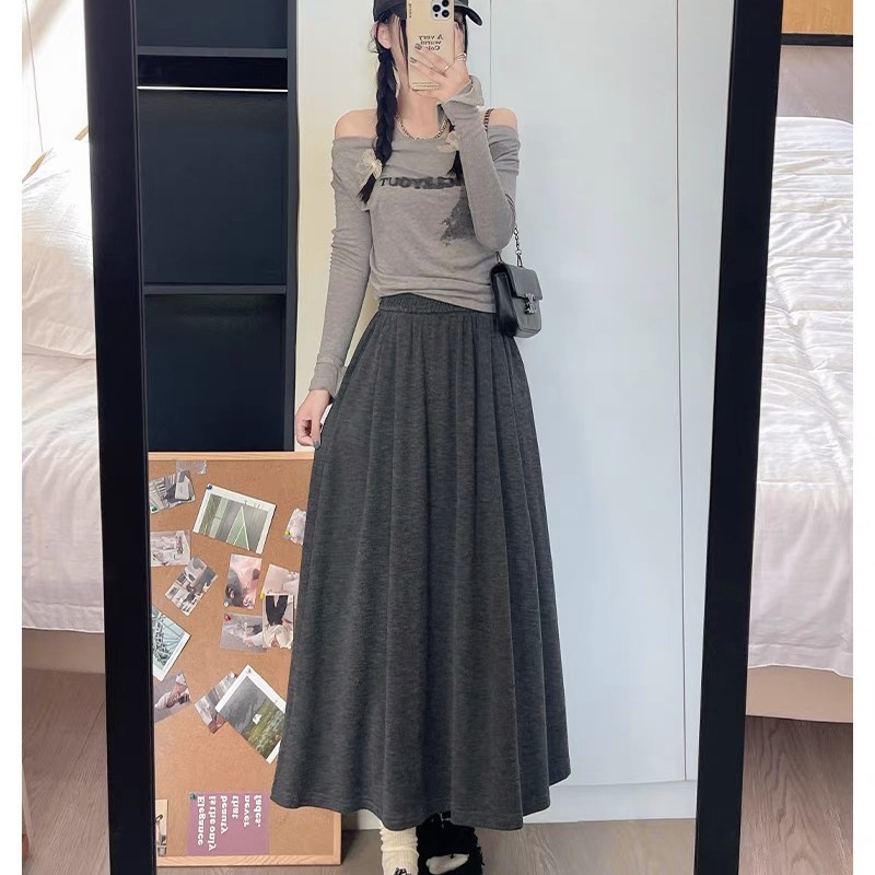 Spring and Autumn Retro Casual Skirt Women's New High Waisted Slim A-Line Long Skirt Atmosphere Small Sticky Rice Skirt
