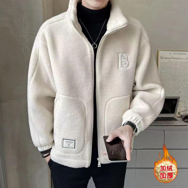 Lamb wool coat men's autumn and winter men's grain velvet cotton coat thickened trendy brand