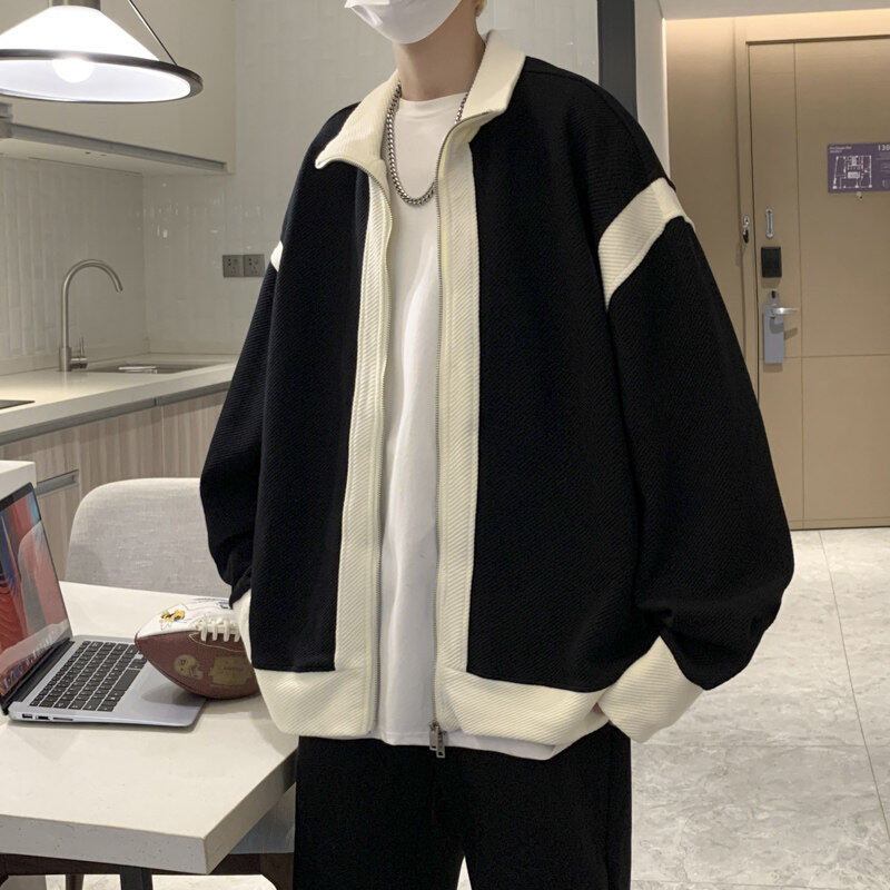 Jacket Men's Autumn Ins Hong Kong Style Color Block Jacket Trendy Handsome Casual Knitted Top