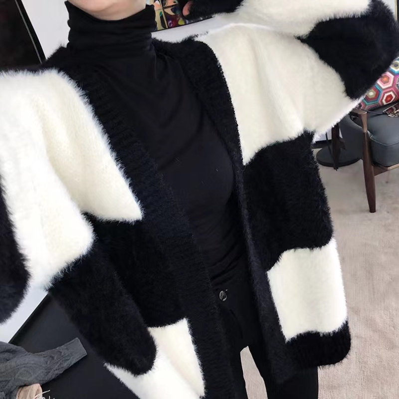 Mink velvet sweater cardigan coat for women loose mid-length autumn and winter striped knitted large size outer top for women trendy