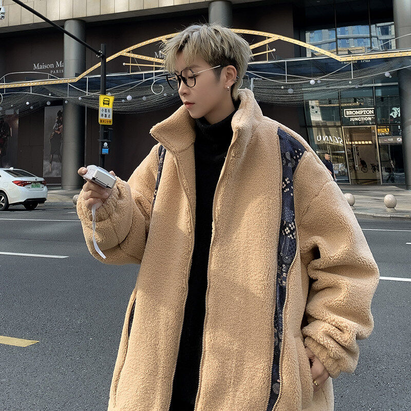 Winter lamb velvet cotton coat men's Hong Kong style trendy loose thickened warm cotton jacket