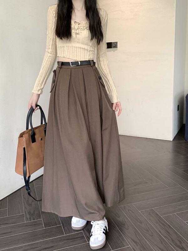 Small A-line skirt for women, suit skirt, high-waisted slimming, loose, wide-swing long skirt with belt