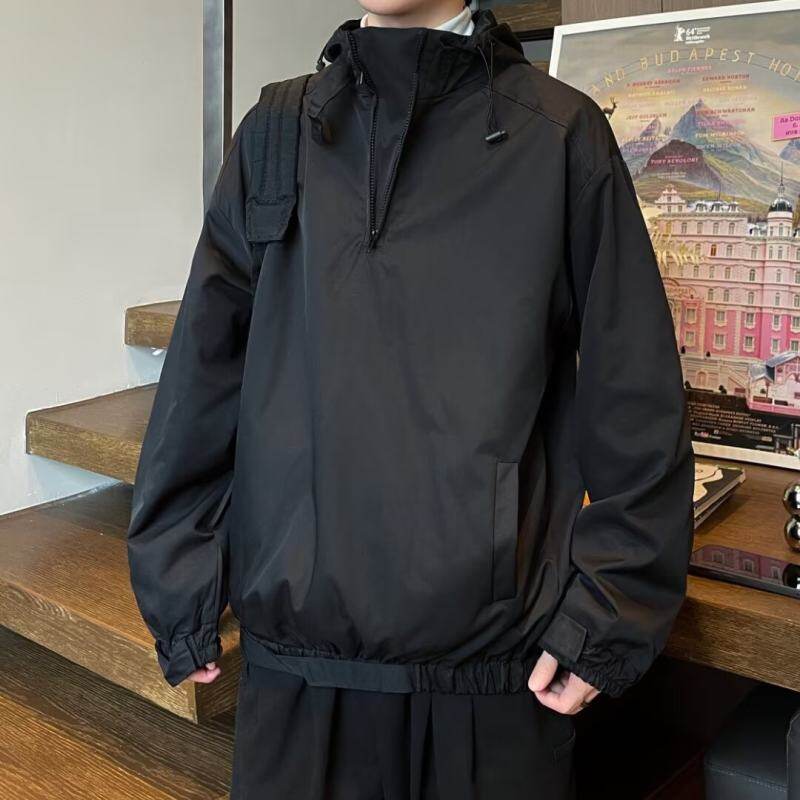 Hooded Jacket Men's Casual Pullover Half-Zip Jacket Loose Trendy Thin Jacket