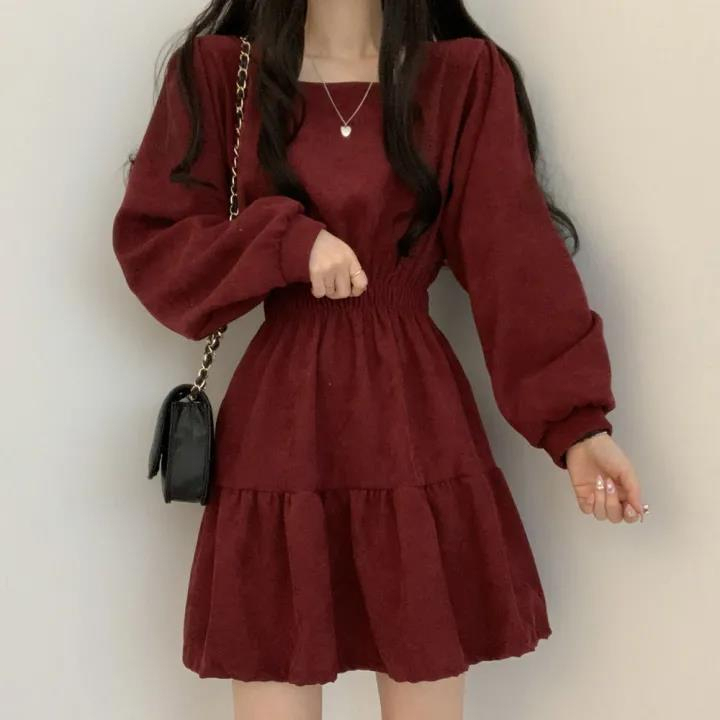 European and American style square collar slimming pleated Korean style girl's age-reducing loose high-waisted retro little person street style dress