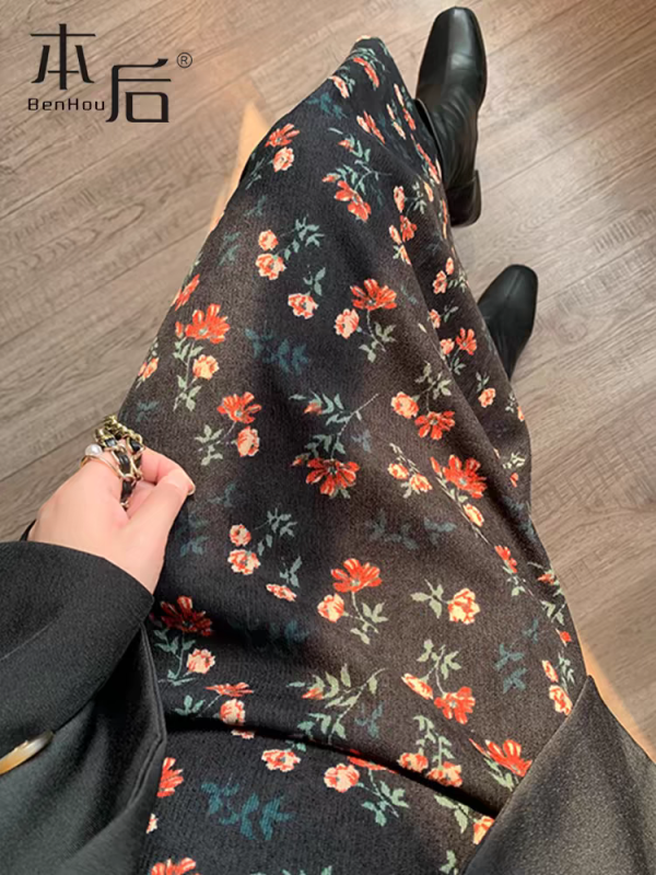 Small red flower floral corduroy skirt spring and autumn women's mid-length new large size high waist covering crotch slimming A-line skirt