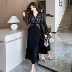 Spring French style goddess style lace stitching fishtail long skirt Hepburn little black dress dress