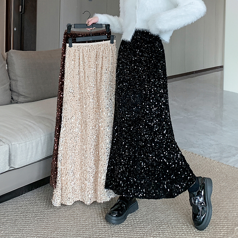Small fragrant style sequined soft bottom skin-friendly butt-covering long skirt with elastic waist heavy industry sequined fishtail skirt skirt