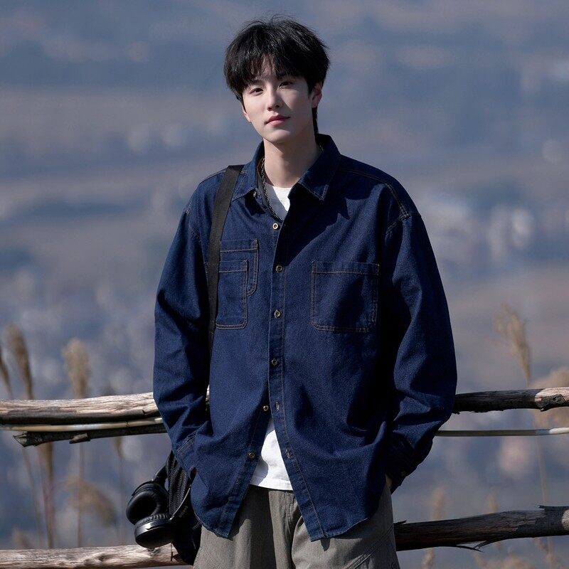 Spring long-sleeved shirt men's denim washed shirt loose