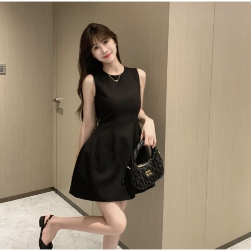 Round neck waistline sleeveless vest dress for women summer simple temperament high-end slim skirt