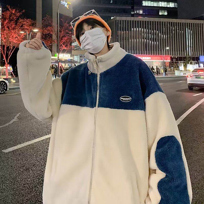 Contrast color splicing sherpa cotton coat men's loose cotton coat Hong Kong style warm cotton coat